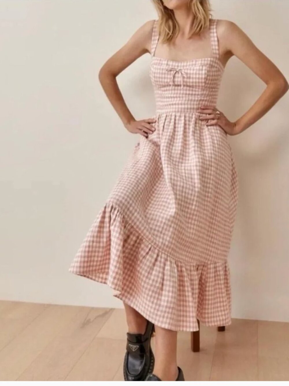 Reformation Pink and White Gingham Linen Dress Size 2